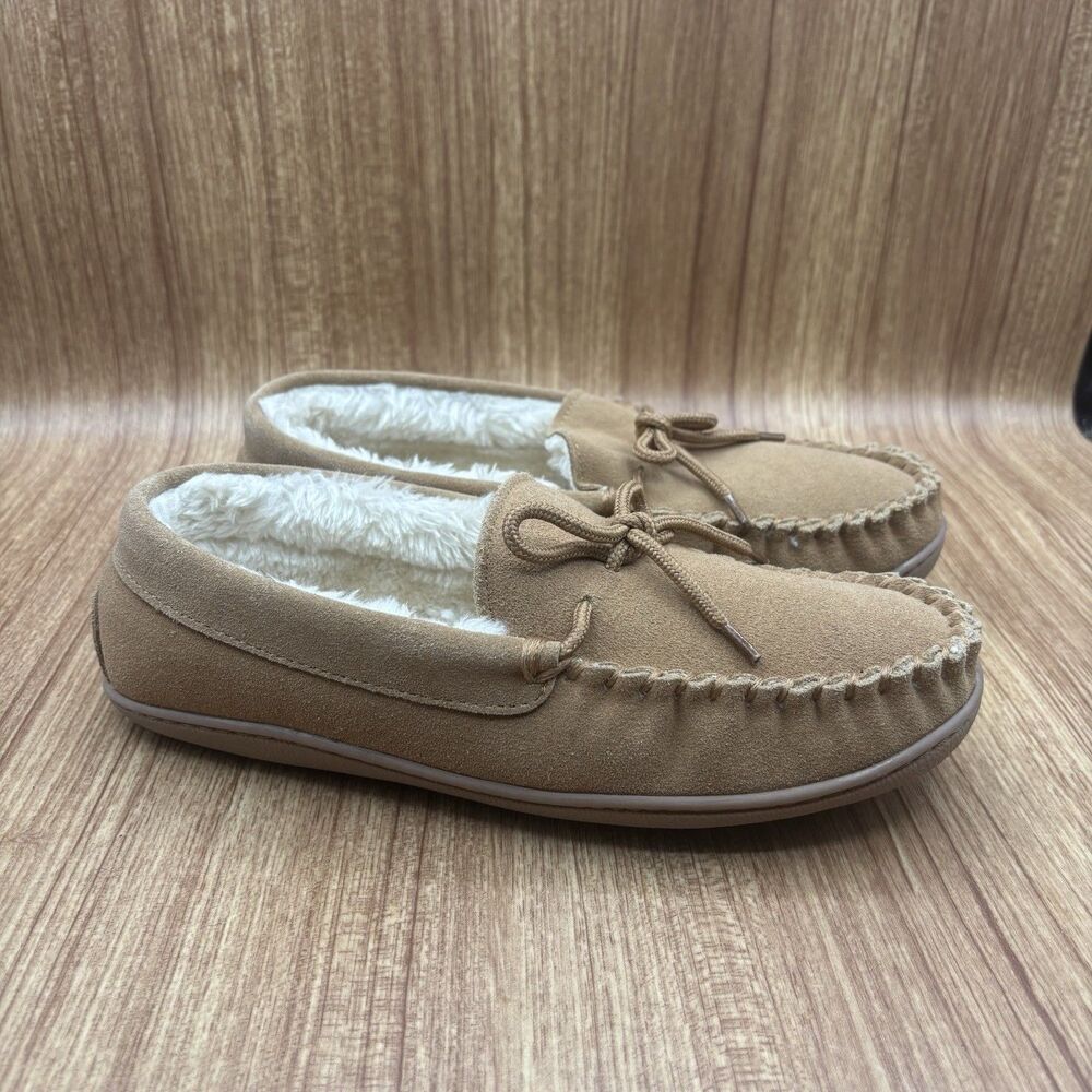Minnetonka Cally Moccasin Slippers Womens 8 Tan Suede Faux Fur Lined 406051